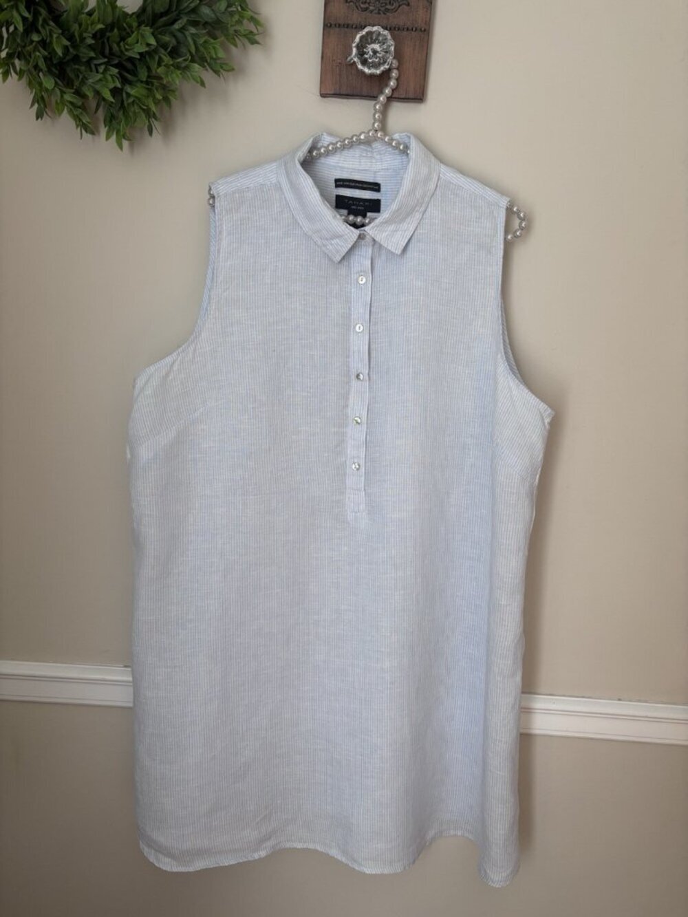 Tahari Size 2X Blue White Striped Sleeveless Shirt Dress 100% Linen Button Front